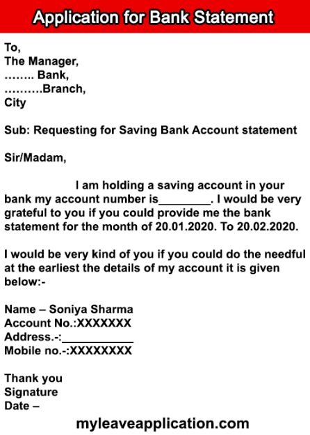 sample application letter for bank statement