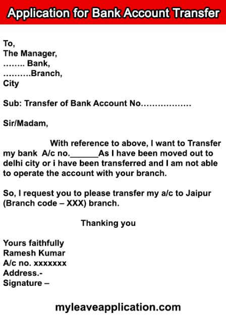 Application for Bank Account Transfer